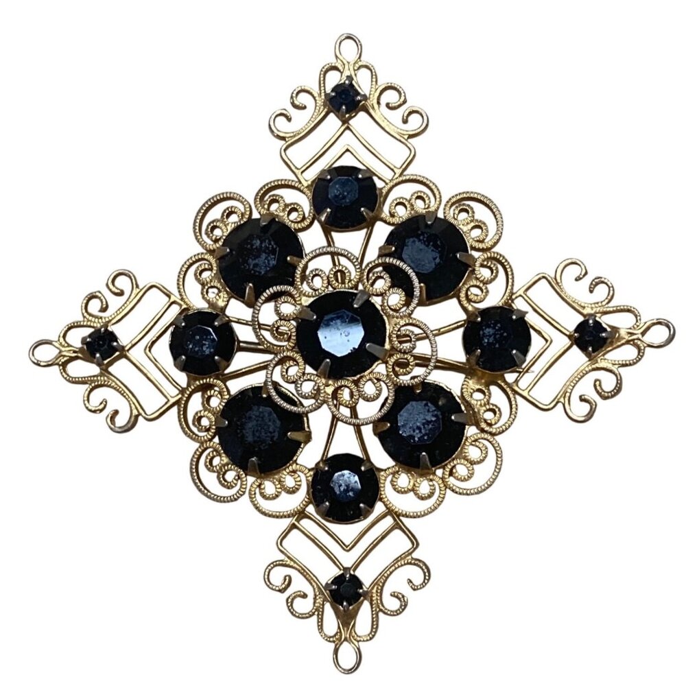 Brooch Black Rhinestones Filigree Vintage Gold-Tone Ornate Design 1.75 T x 1.75"